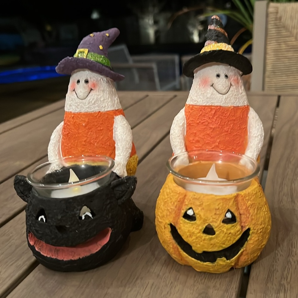 Two Halloween candle holders ~ candy corn little characters with hats! - Picture 2 of 12